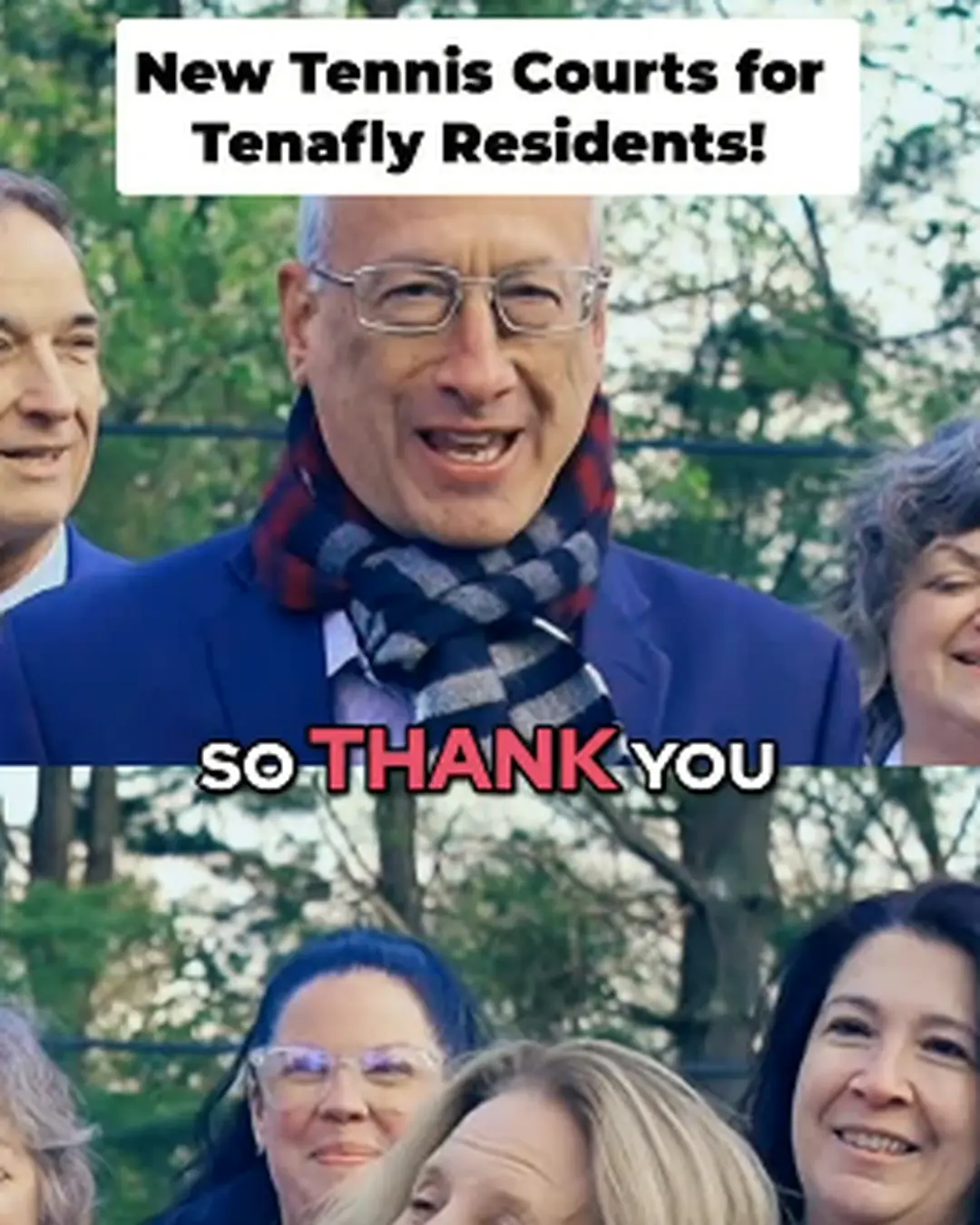Local official celebrating new public tennis courts with residents in a campaign video
